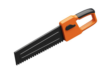A 3D rendering of an orange and black hand saw isolated on white background. background removed
