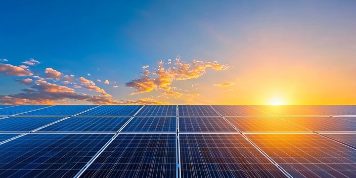 Solar panels capturing energy from the setting sun against a vibrant sky