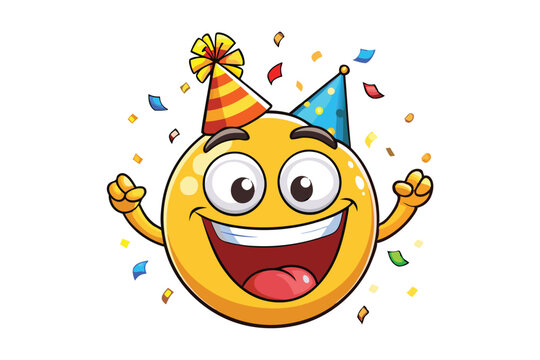 Festive emoji character celebrating with colorful confetti, wearing a party hat and expressing joy and excitement for special occasions