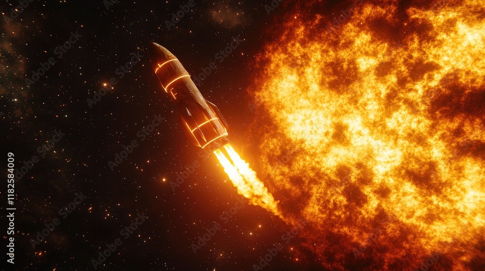 Poster launching rocket into space cosmic environment digital art outer space dynamic viewpoint exploration