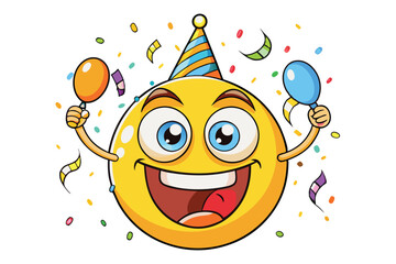 Cartoon emoji with party hat and confetti, showing a cheerful expression, perfect for birthday, celebration, or festive themes