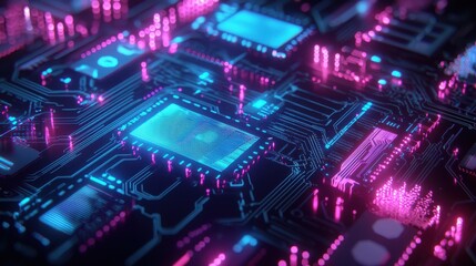 Fototapeta premium Futuristic technology circuit board digital landscape abstract visuals neon glow close-up view high-tech concept