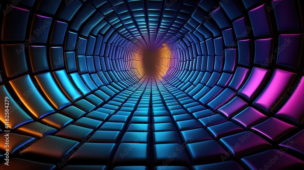 Poster exploring a vibrant tunnel of light digital art abstract design futuristic environment close-up view