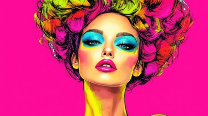 Obraz premium A woman with bright colored hair and makeup on a pink background, ideal for beauty or lifestyle concept images