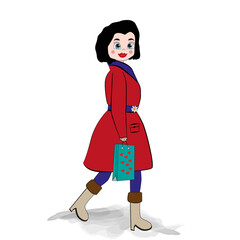 Mujer con abrigo rojo de compras.