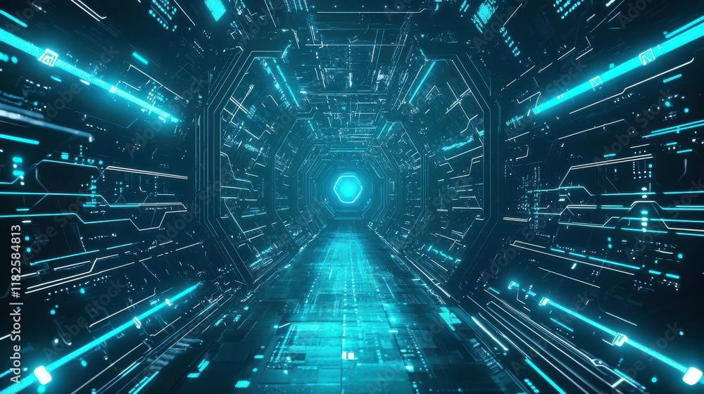 Poster abstract futuristic technology tunnel digital realm 3d render high-tech environment sci-fi viewpoint