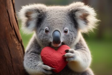 Obraz premium Charming koala embraces a vibrant red heart, symbolizing love, affection, and the beauty of australian wildlife