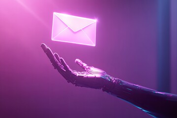 Futuristic robotic hand holding glowing neon email icon