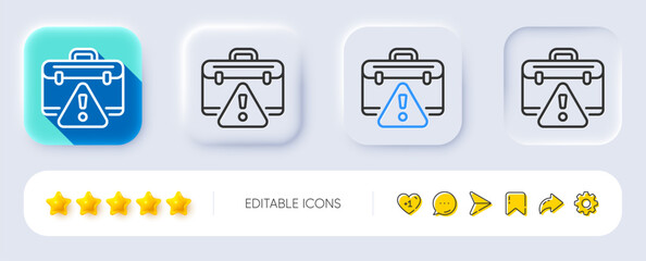 Warning briefcase line icon. Neumorphic, Flat shadow, 3d buttons. Attention triangle sign. Caution diplomat symbol. Line warning briefcase icon. Social media icons. Vector