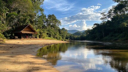 Fototapeta premium Serene River Cabin nestled in a Tropical Forest