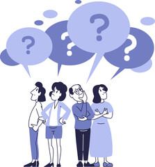 A group of people ponder questions. Joint problem solving.
