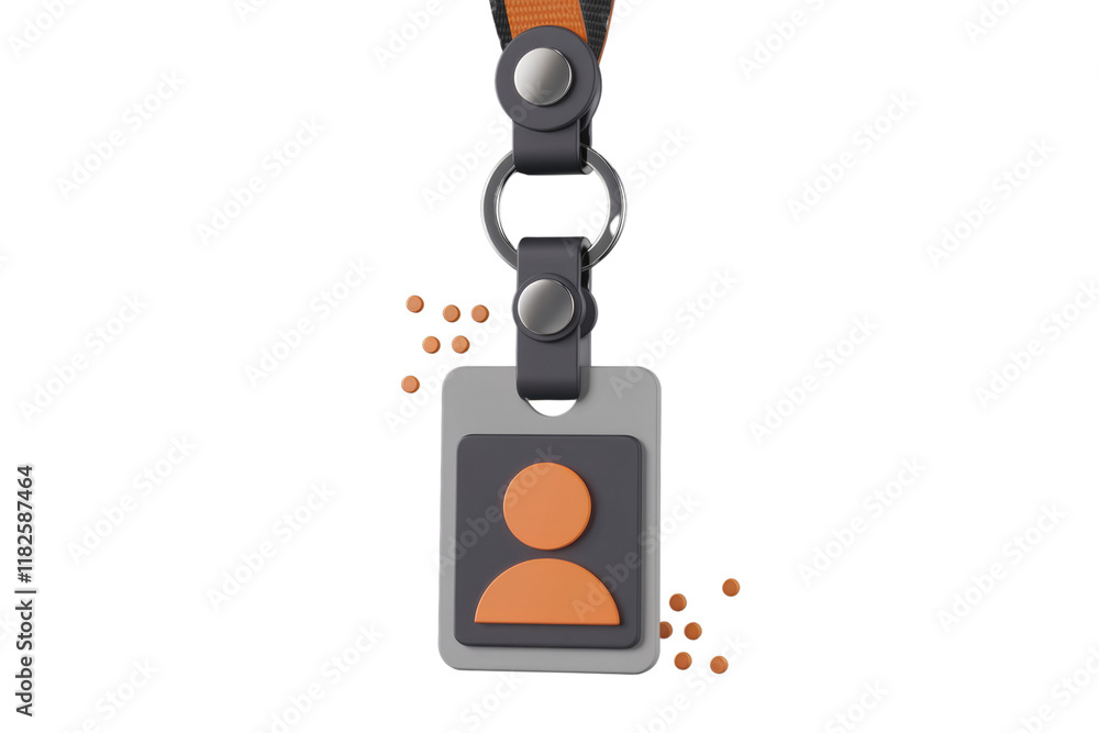 Poster a 3d render of a grey id card with an orange person icon, hanging from a lanyard. background removed