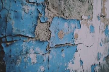 Fototapeta premium A worn-out blue and white wall with flaking paint, perfect for depicting old buildings or neglected structures