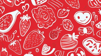 Whimsical Fruit Pattern on Red Background