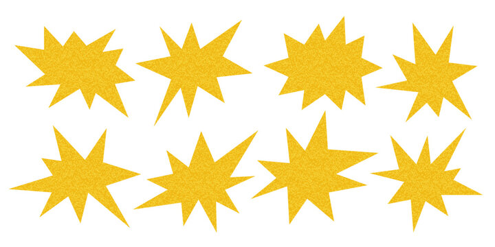 Abstract textured star shapes set. Simple grainy sparks. Pop art Funky groovy Doodle Stars isolated on white. Starburst icon sticker for design. Element for poster banner collage