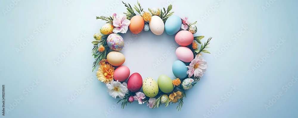 Canvas Prints close up of painted colorful easter eggs in wreath with spring branch flowers on soft blue background, spring holiday concept banner