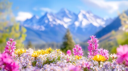 Vibrant wildflowers in full bloom against a backdrop of majestic snow-capped mountains under a bright blue sky.