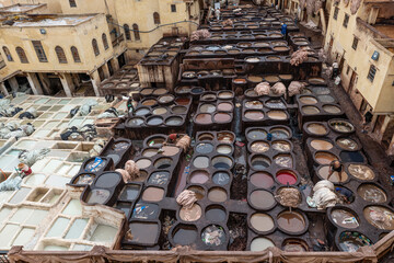 Africa, Morocco, Fes. Overview of tannery pools used to dye cloth.