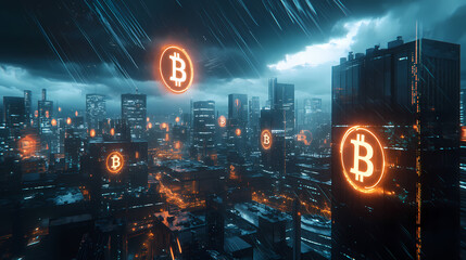 Futuristic cityscape under a stormy sky, with glowing bitcoin symbols hovering above buildings. represents cryptocurrency volatility and uncertainty. Velvetlight. Illustration