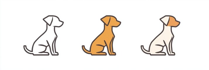 A simple, minimalist line art logo of a sitting dog, using simple shapes and lines, with flat colors logo features three different poses of the dog Generative AI