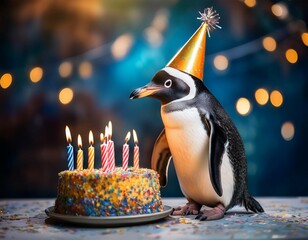 cheerful penguin wearing party hat stands beside colorful birthday cake with candles celebrating joyfully in festive atmosphere