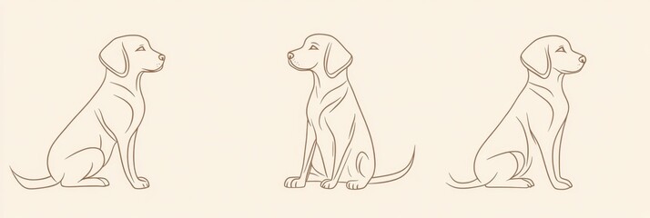 Simple, minimalistic line art logo of a dog sitting in three different angles Generative AI