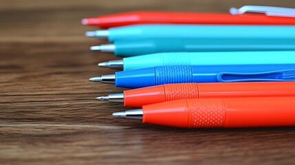 Fototapeta premium Colorful pens arranged on wooden desk, office background