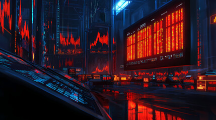 Global stock market crash visualized by rapidly falling stock prices on a futuristic digital dashboard, highlighting financial instability and market volatility. Velvetlight. Illustration