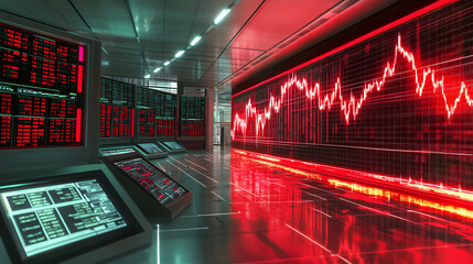 Global stock market crash visualized by rapidly falling stock prices on a futuristic digital dashboard, highlighting financial instability and market volatility. Velvetlight. Illustration