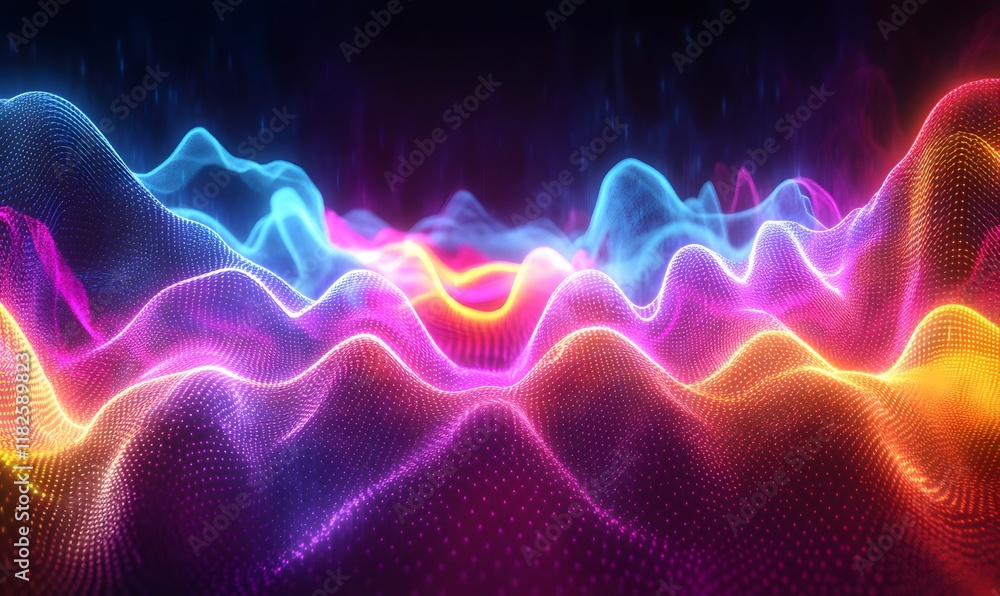 Poster sound waves with neon lines pulsating and glowing in vibrant colors