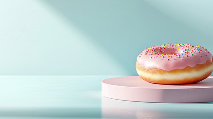 Pastel Pink Box with Colorful Donut on Soft Blue Surface