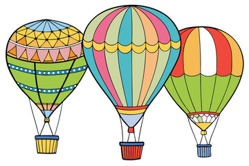 Naklejka premium Colorful hot air balloon illustrations with diverse patterns, evoking feelings of adventure, leisure, and exploration in the sky
