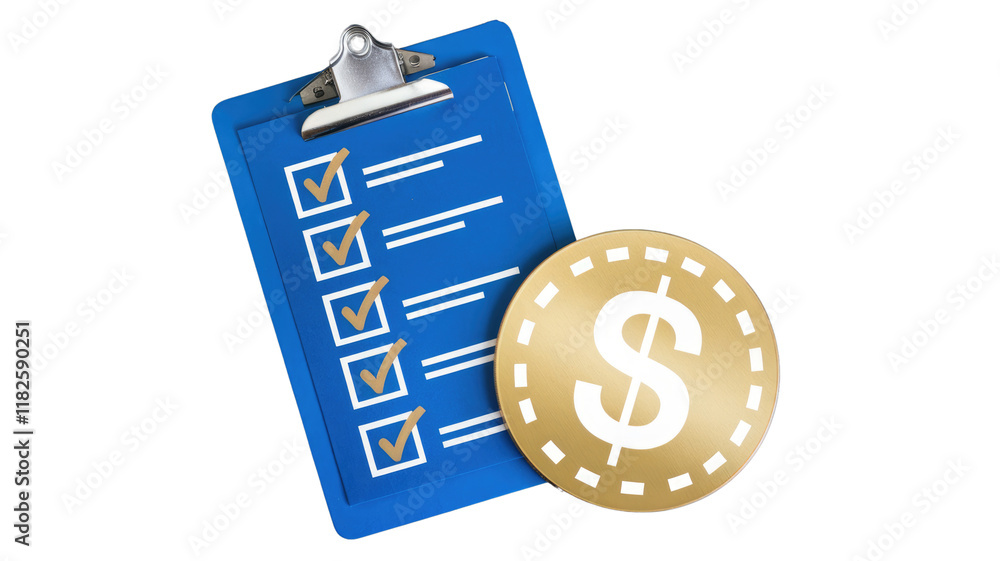 Poster checklist on a clipboard with a gold dollar coin symbolizing financial planning and budgeting. backg