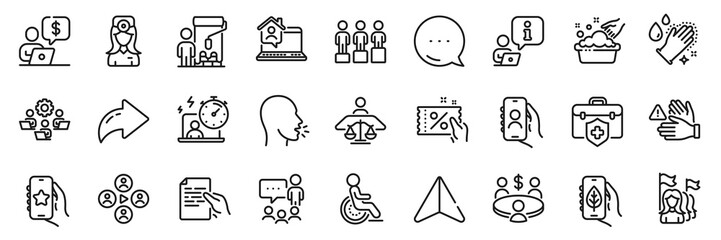 Favorite app, Washing hands and Discount coupon line icons pack. Share, Message, Paper plane icons. Hold document, Meeting, Timer web icon. Ecology app, Video conference, Interview pictogram. Vector