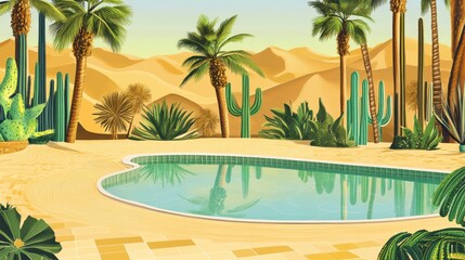 Obraz premium desert landscape painting, serene desert retreat, tropical desert escape, desert landscape art, desert oasis poolside scene, peaceful poolside setting, desert garden design