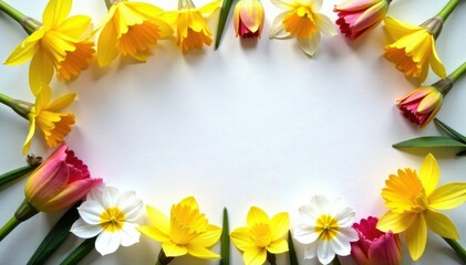 Obraz premium Vibrant Daffodils and Pansies arranged on a crisp sheet of paper in a beautiful spring floral composition, paper background, garden, blooming flowers