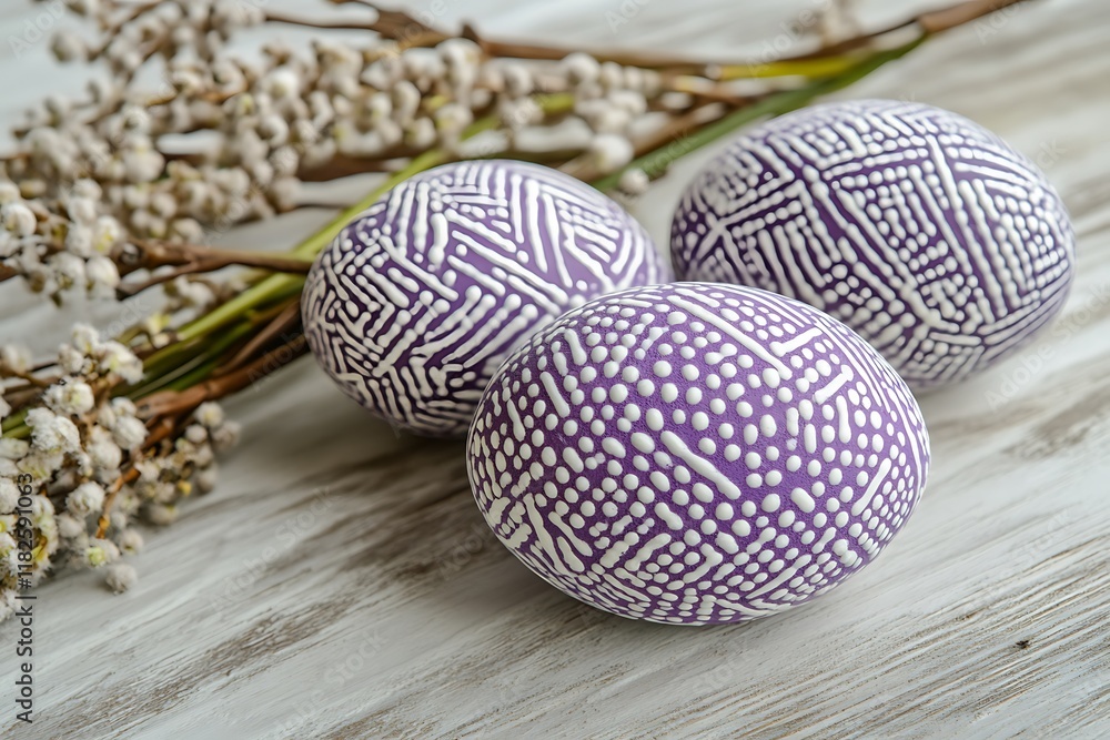 Canvas Prints close up of painted pattern pastel purple easter eggs with spring willow branches and flowers on white background, spring holiday concept banner