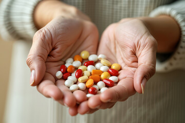 A pair of hands, with neatly manicured nails, holds a variety of colorful pills, including red, white, and yellow ones. The hands are resting on a striped shirt.