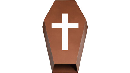 Obraz premium Brown coffin with white cross, symbolic of death and faith. background removed
