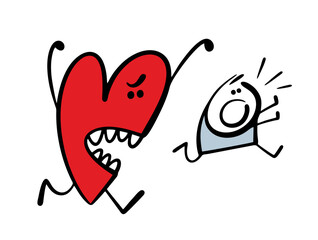 Huge heart with teeth is chasing poor stickman. Vector illustration of a guy escaping from a funny monster. Cute victim of love. Isolated cartoon person on white background.