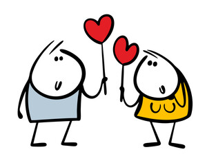 Man and  woman have come on  date, are walking, holding  red heart decor in their hands. Vector illustration of a couple in love. Isolated cartoon female stickman and boy on white background.