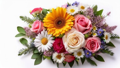 a vibrant bouquet of assorted flowers featuring roses daisies and greenery on a white isolated background