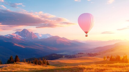 Fototapeta premium Hot air balloon floats over majestic mountains at sunrise.