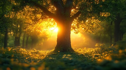 Majestic Oak Tree Bathed In Golden Sunset Light