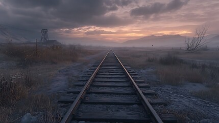 Fototapeta premium Lonely Railroad Tracks Vanishing Into Sunset Mountains