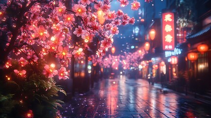 Illuminated Cherry Blossoms Adorn Rainy Asian Street