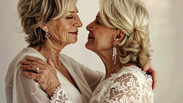 Forever Love: A tender portrait of two mature women, dressed in white, sharing a loving moment. Their eyes meet in a look of pure affection, symbolizing a bond that transcends time.  