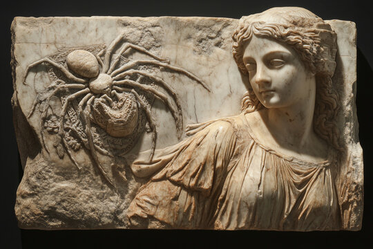 Marble bas-relief of the goddess of wisdom and war Athena, who turned Arachne into a spider.