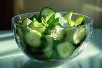 Freshly sliced cucumbers arranged on a table for serving or display