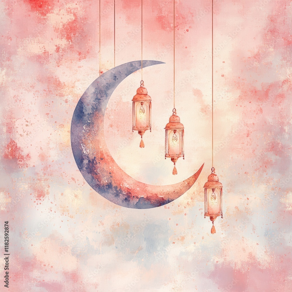 Poster soft watercolor background with crescent moon and lanterns creating a serene ramadan design